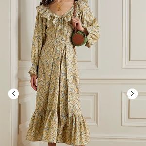 Doen Veredis Belted Ruffle Floral Print Midi Dress Liberty Fabric Yellow Large